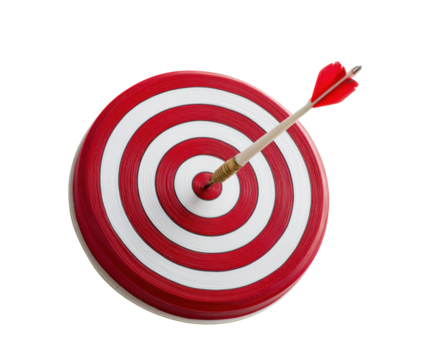 Target with arrow hitting the center in a bullseye challenge on a transparent background, cut out