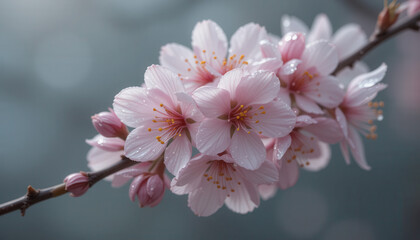 Beautiful sakura flowers, pink spring blooms on grey background.
