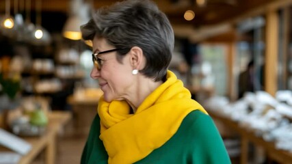 Smiling woman wearing yellow scarf and green sweater in a cozy cafe setting with bright interior lighting