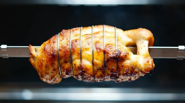 Juicy grilled chicken rotating on a spit in a backyard barbecue setup during summer afternoons