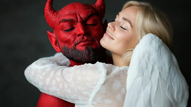 Contrasting elements of light and darkness in artistic portrait with angel and devil characters embracing