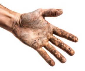 Dirty hand showing signs of hard work in gardening on a transparent background, cut out