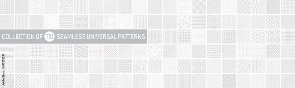 Poster Collection of vector seamless geometric ornament patterns in different styles. Grey repeatable backgrounds. Endless soft prints, textile textures
