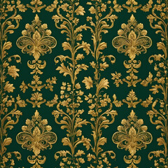 Elegant Gold and Green Damask Pattern Seamless Texture for Design Projects