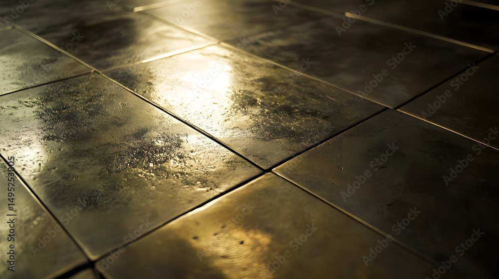 Poster close-up view of rectangular metal tiles arranged in a grid pattern.
