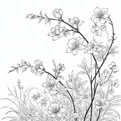 Fototapeta premium Elegant Black and White Botanical Illustration of Blossoming Flowers and Branches