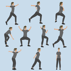 Vector illustration of various people doing everyday activities such as running, walking, exercising, stretching, and other lifestyle routines. Modern flat design showing diverse characters with diffe