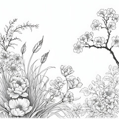 Elegant Monochrome Floral Illustration Blossoms, Branches, and Greenery