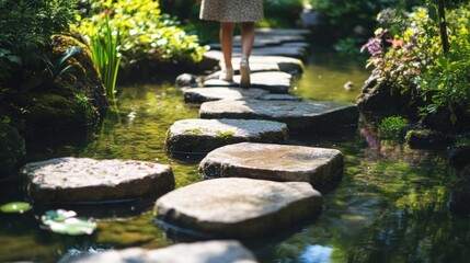 Woman walks on stone path through water garden