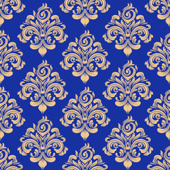 seamless damask pattern with  gold floral and blue background, vector illustration elegant for textile, wall paper, curtains, cushion cover, rug, bedding, vintage and luxury design, decoration
