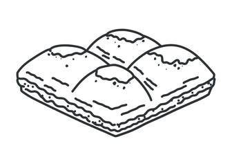 Black and white doodle illustration of Turkish pistachio baklava. Traditional oriental layered dessert in line art. Hand drawn sweet pastry sketch isolated on white.
