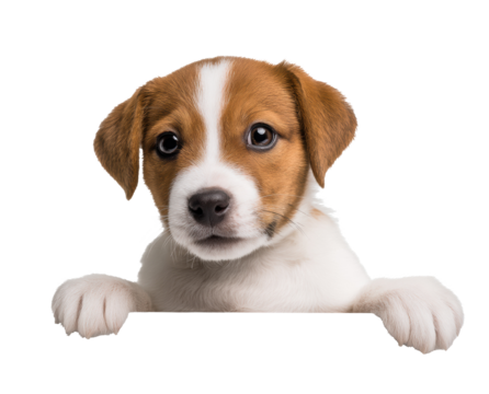 Playful puppy looking over a ledge ready to greet you on a transparent background, cut out
