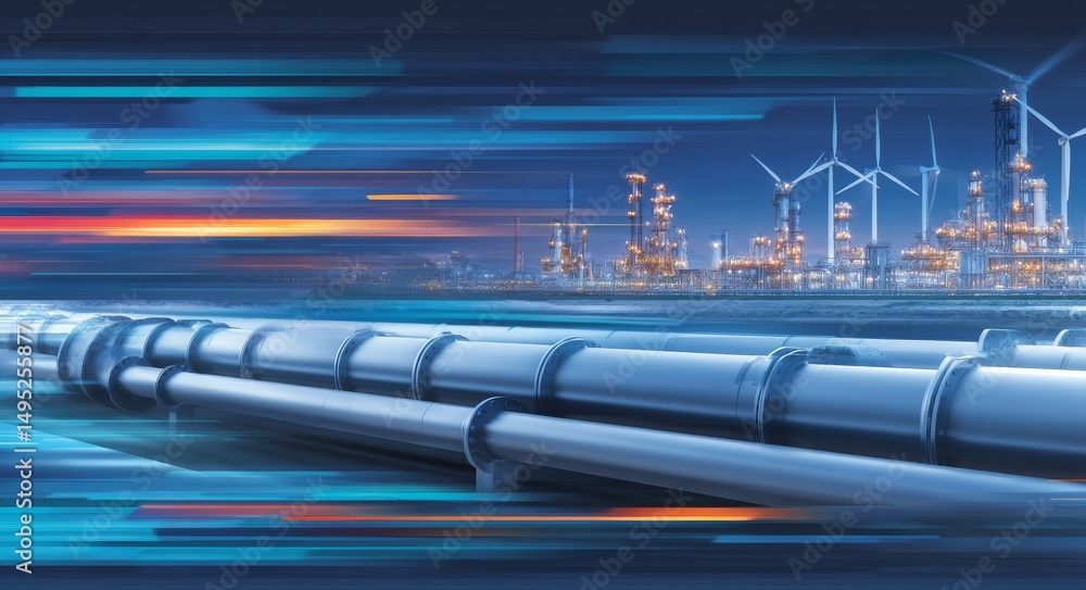 Poster wind turbines are in the background with the hydrogen pipeline open