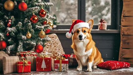 Festive Corgi in Christmas Scene: A charming corgi adorned in a Santa hat sits amidst a beautifully decorated Christmas scene, evoking warmth, joy, and holiday cheer.  - Powered by Adobe
