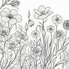 Elegant Monochrome Botanical Illustration A Delicate Drawing of Wildflowers and Floral Elements