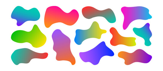 Shape organic color gradient, liquid blob form pattern, neon figure, irregular round bubble rainbow gradation bg, fluid spot texture set isolated on white background. Wavy vector illustration