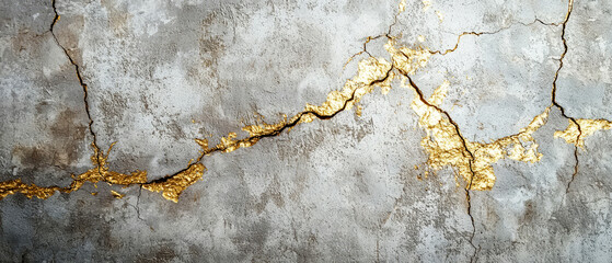 Obraz premium Texture abstract background with grey kracked concrete wall with glowing golden veins.