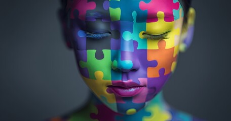 Illustration of a teenage brain as a colorful puzzle piece on a grey background with space to add text, observing World Autism Awareness Day and conceptualizing autism spectrum disorder in adolescent