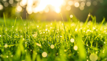 Fototapeta premium Morning Dew on Lush Green Grass A Vibrant Sunrise Scene