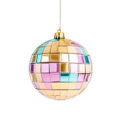 Fototapeta premium Disco Ball Ornament: A shimmering disco ball Christmas ornament, featuring a mirrored surface in shades of pink, gold, and blue. Its geometric pattern adds a touch of retro chic to holiday decor.