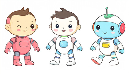 Three adorable cartoon characters; a boy in a pink spacesuit, a boy in a white spacesuit, and a friendly robot, all with cheerful expressions, set against a white background