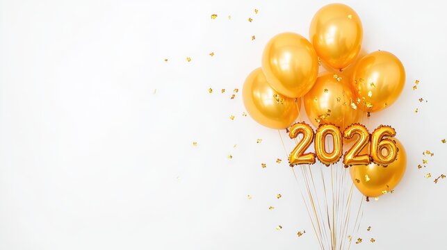 Festive Balloons: Glimmering gold balloons celebrating the arrival of 2026, creating a joyful and optimistic atmosphere for the New Year ahead.