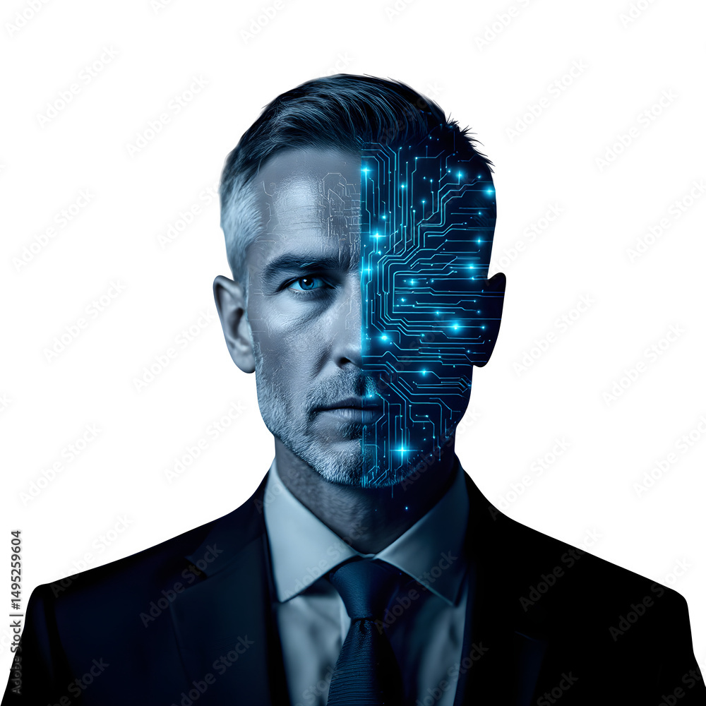 Poster man with half face circuit board design in suit against black background in digital art style isolat