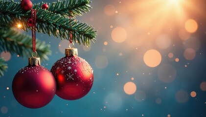 Sparkling Christmas baubles hanging on a festive branch , green, hanging