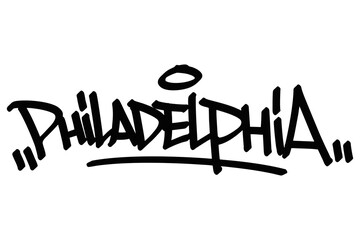 Philadelphia graffiti tag in bold black lettering on white background. Clean urban style, ideal for historic city culture, hip hop, and creative street art projects. © dirtyfellas