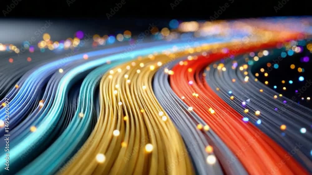 Poster digital data stream: an abstract representation of high-speed data transfer, depicted as colorful fi