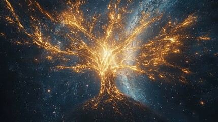 The Tree of Life's glowing branches intertwining with galaxies, and its roots deeply grounded in the earth, symbolizing the unity between all realms.