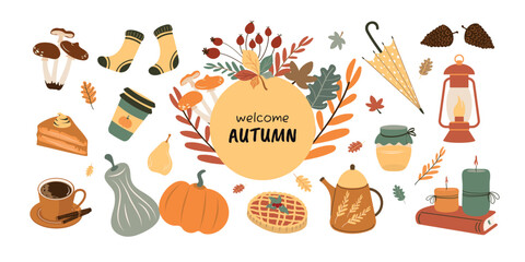 A hand-drawn collection with autumn elements. Vector design.