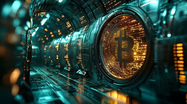 Cryptocurrency and digital finance flowing into a futuristic financial vault