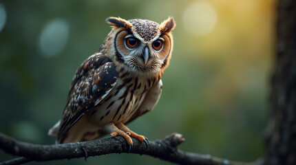 Fototapeta premium Close-up macro shot of a talking owl perched on a branch, eyes full of wisdom and mystery, dreamy soft lighting