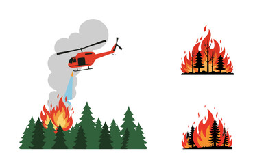 Helicopter extinguishing wildfires with smoke and flames in forest environment
