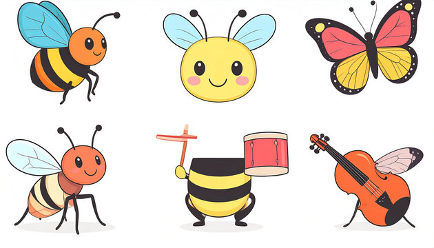 Six charming cartoon insects and a violin; two bees, a butterfly, and a bee playing drums, all with simplistic features and bright colors against a white background