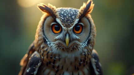 Obraz premium Macro close-up of a wise owl gently perched on a branch, its eyes glowing with mystery and ancient knowledge, bathed in dreamy soft light