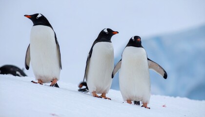 Naklejka premium Gentoo Penguins in Antarctica Standing on Snowscape with Blue Iceberg Background