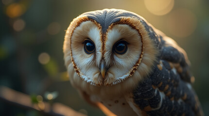 Naklejka premium Macro close-up of a wise owl gently perched on a branch, its eyes glowing with mystery and ancient knowledge, bathed in dreamy soft light