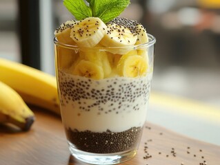 Chia seed pudding topped with yogurt and fresh banana slices in a glass
