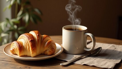 Coffee with Croissant, Breakfast, and Home.