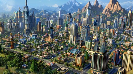 Obraz premium Futuristic metropolis sprawling across a valley, with modern skyscrapers and diverse structures