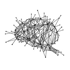 Complex network of interconnected nodes and lines forming a cluster on a black background isolated with white background