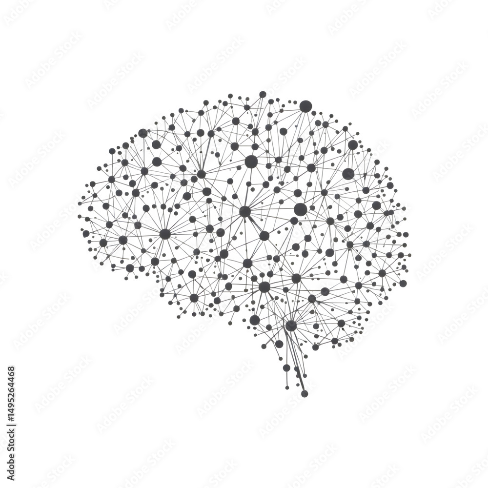 Poster a digital illustration of a brain made of connected dots and lines on a black background space isola