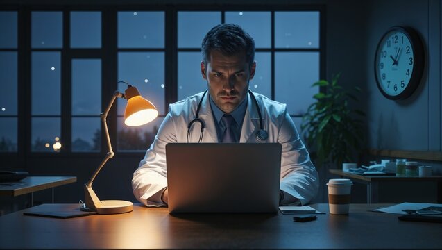 Serious doctor working late at night on a laptop in his office
