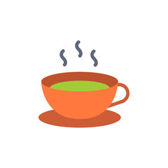 Stylized depiction of warm beverage in an orange cup with steam on transparent background