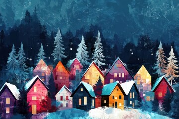 Fototapeta premium Colorful Home in Winter Wonderland. Abstract Landscape with Geometric House Designs