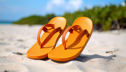 Orange Flip Flops on Sandy Beach &ndash; Summer Vacation Footwear Scene for Adobe Stock Contributor