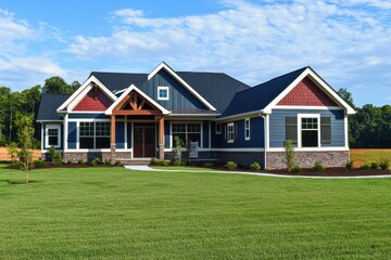 Obraz premium Colorful House. New Craftsman Cottage with Curb Appeal in Modern Suburban Setting