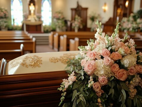 Casket adorned with floral arrangements in a church interior for a funeral service